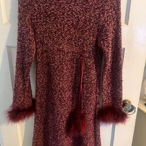 Bonnie Jean Maroon Textured Dress with Fur Accents